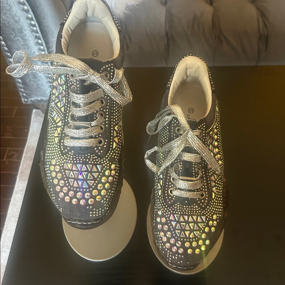 Stylish Dark Grey and Silver Women's Bedazzled Sneakers - Picture 8 of 11